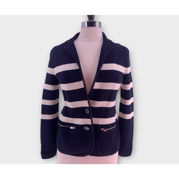TALBOTS Knit Blazer Sweater Navy White Striped Nautical Preppy S - Picture 1 of 8